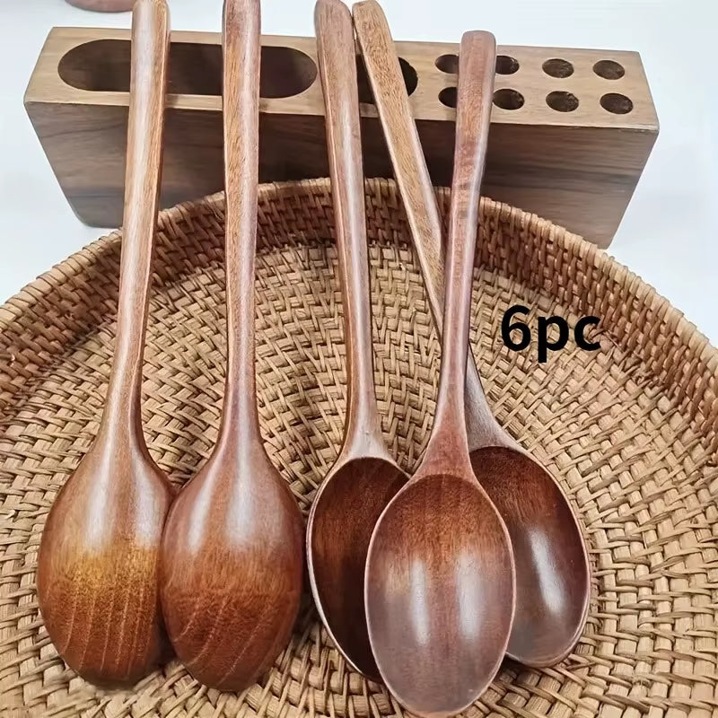 6Pcs/Set Style Wooden Spoon Long Handle Soup Spoon for Eating Ramen and Drinking Soup High Value Wooden Utensil for Dry Rice