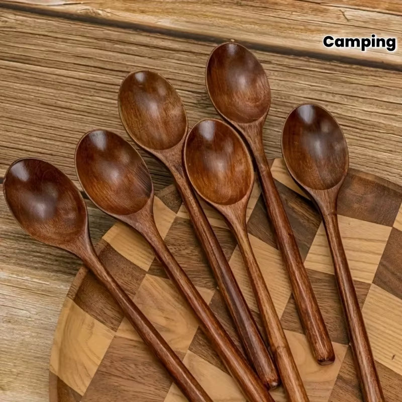 6Pcs/Set Style Wooden Spoon Long Handle Soup Spoon for Eating Ramen and Drinking Soup High Value Wooden Utensil for Dry Rice