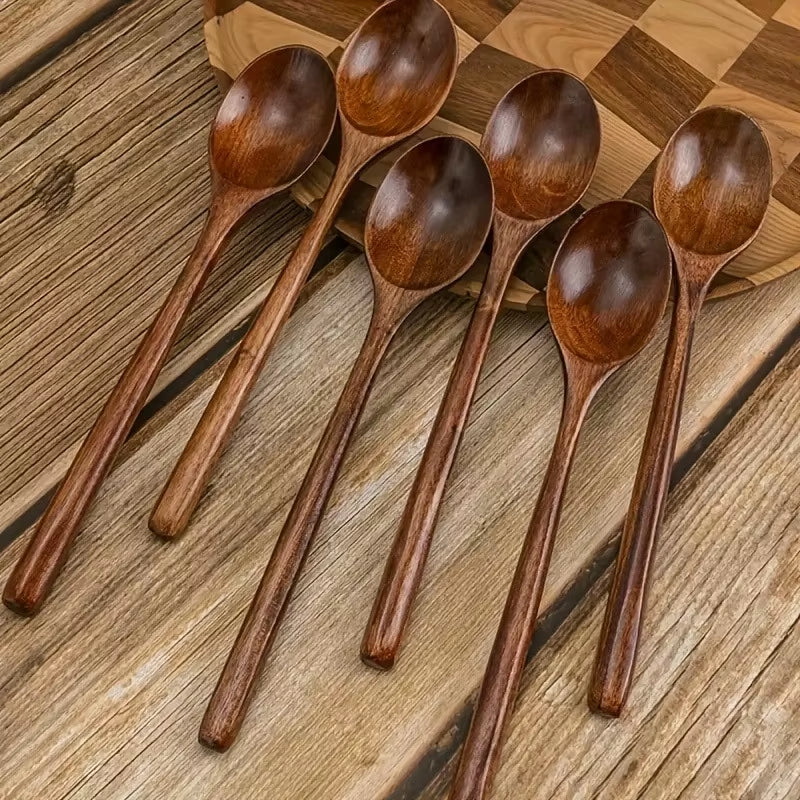 6Pcs/Set Style Wooden Spoon Long Handle Soup Spoon for Eating Ramen and Drinking Soup High Value Wooden Utensil for Dry Rice