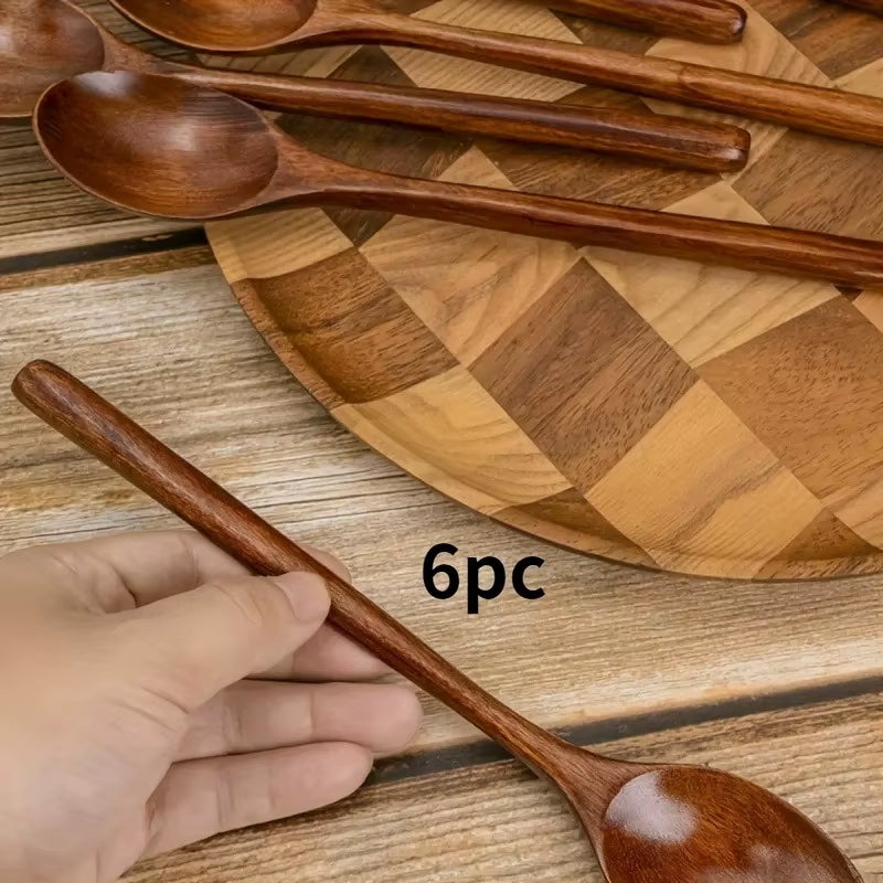 6Pcs/Set Style Wooden Spoon Long Handle Soup Spoon for Eating Ramen and Drinking Soup High Value Wooden Utensil for Dry Rice