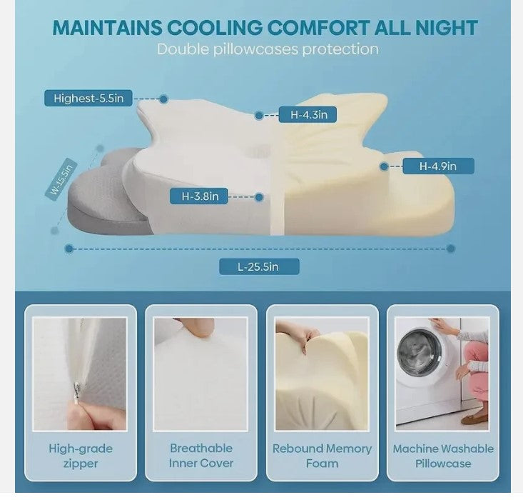 Memory Foam Pillow Cervical Pillow Neck Pain Relief Contour Ergonomic Orthopedic Neck Support for Side Back Stomach Sleeper Gift