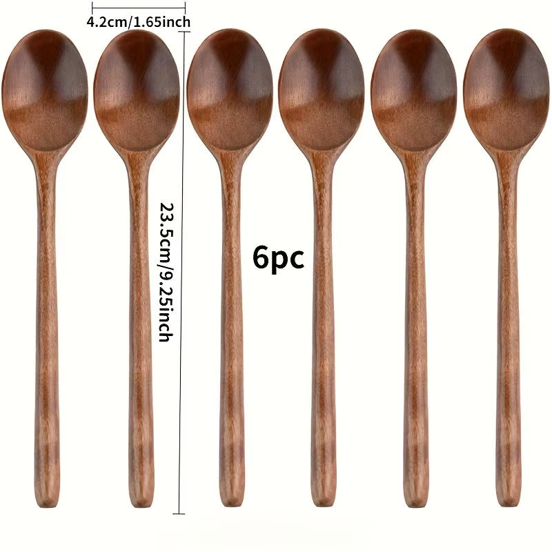 6Pcs/Set Style Wooden Spoon Long Handle Soup Spoon for Eating Ramen and Drinking Soup High Value Wooden Utensil for Dry Rice