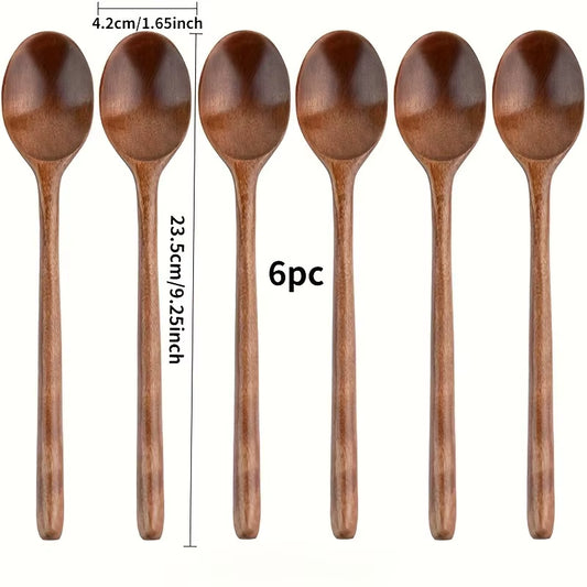 6Pcs/Set Style Wooden Spoon Long Handle Soup Spoon for Eating Ramen and Drinking Soup High Value Wooden Utensil for Dry Rice