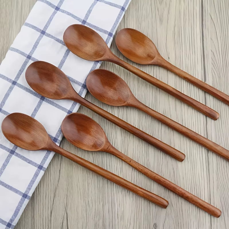 6Pcs/Set Style Wooden Spoon Long Handle Soup Spoon for Eating Ramen and Drinking Soup High Value Wooden Utensil for Dry Rice